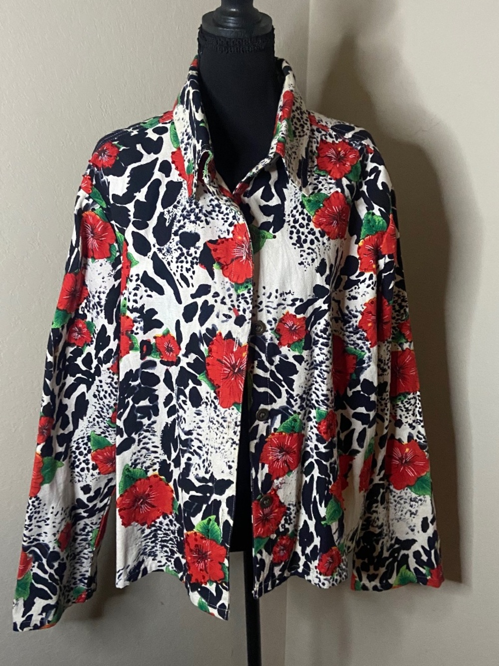 Take Two Clothing Co Red Hibiscus Floral Leopard Print Canvas Jacket 1X